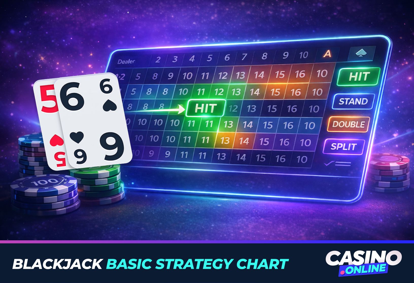 Blackjack basic strategy chart showing hit, stand, double, split moves on neon casino interface.